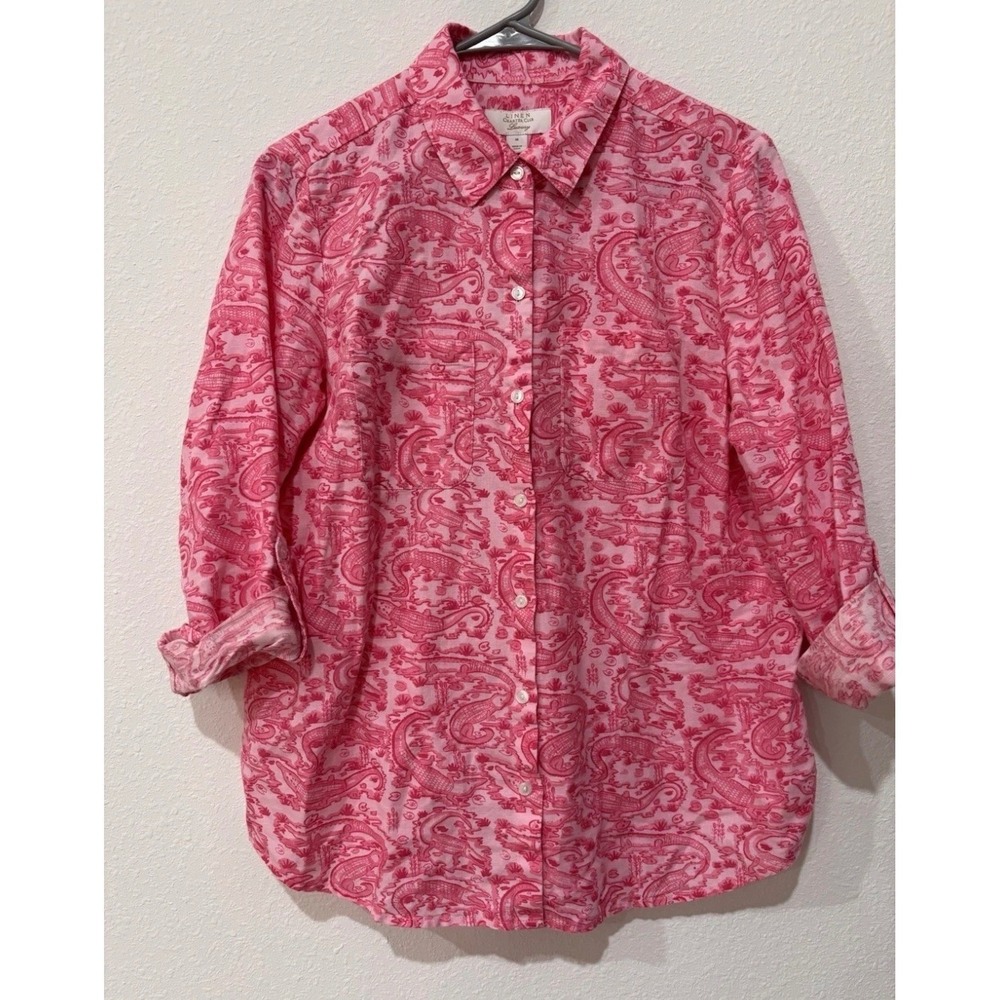 Charter Club Luxury Linen Pink Alligator Crocodile Print Button Down Shirt M - Picture 2 of 15